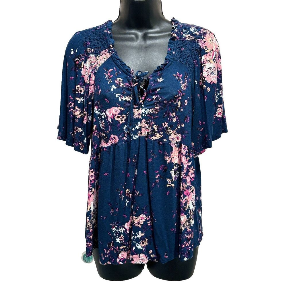 Lone + Lux Navy/Pink Floral Scoop/Tie Neck Smocked Short Flutter Sleeve Sz S